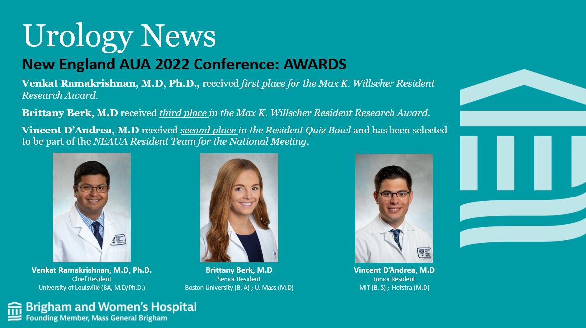 Brigham and Women's Hospital Department of Urology (@bwhurology) on Twitter photo Congratulations to our residents
Venkat Ramakrishnan, <a href="/bdb_md/">Brittany Berk</a>, and @vddcrf21 on winning awards at the New England AUA 2022 Conference. #NEAUA22 #BWHUrologyResidents Congratulations to our residents
Venkat Ramakrishnan, <a href="/bdb_md/">Brittany Berk</a>, and @vddcrf21 on winning awards at the New England AUA 2022 Conference. #NEAUA22 #BWHUrologyResidents
