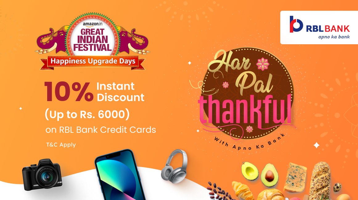 Shop using your RBL Bank Credit Card & get 10% Instant Discount up to Rs. 6000 on Amazon Great Indian Festival Sale. T&C Apply bit.ly/3M2r91X Valid till October 7, 2022. #Offers #CreditCard #Festive #FestiveOffers #RBLBank #ApnoKaBank