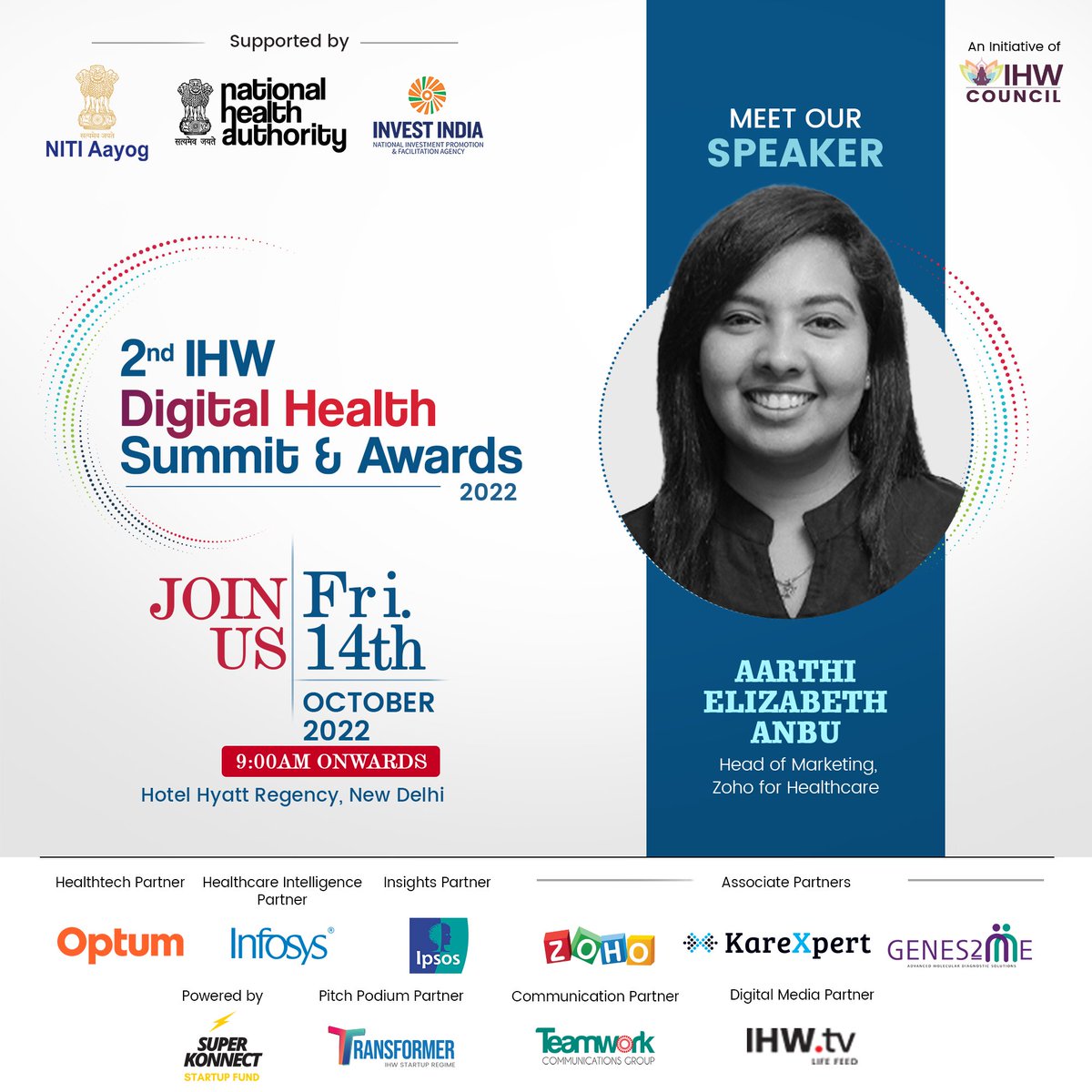 #MeetOurSpeaker: Aarthi Elizabeth Anbu, Head of Marketing, Zoho for Healthcare to grace the 2nd #IHWDigitalHealthSummit &amp; Awards, on 14th Oct from 9am onwards!

Register as a Delegate- bit.ly/3AbeYM3

#DigitalHealth #DigitalHealthAwards #HealthAwards #HealthSummit