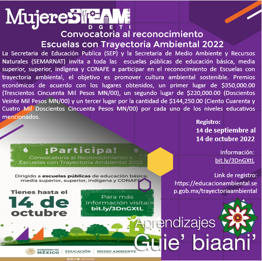 MujerSTeamDGETI's tweet photo. Este #Martes de #AprendizajesGuiebiaani compartimos la invitación a la Convocatoria al reconocimiento  “Escuelas con Trayectoria Ambiental 2022”. https://t.co/V8wKVyLcUp