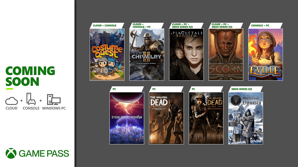 XBOXGamePassUK's tweet photo. Coming soon to Game Pass 😌

Today
⚔ Chivalry II - 🎮/🖥/☁

Oct 6
🏹 Medieval Dynasty - 🎮 
🧟 The Walking Dead: The Complete First Season &amp; Season 2 - 🖥

Oct 11
🎃 Costume Quest - 🎮/☁
🔍 Eville - 🎮/🖥

Oct 13
📡 Dyson Sphere Program - 🖥

Oct 14
🐙 Scorn - 🎮/🖥/☁ https://t.co/1SWdrbOpUK