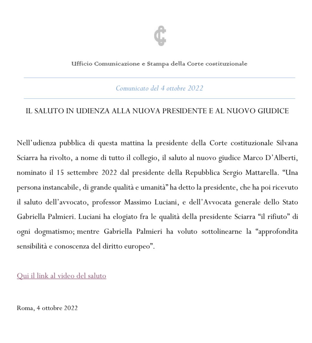 CorteCost's tweet photo. Il saluto in udienza alla nuova Presidente della Corte costituzionale Silvana Sciarra e al nuovo giudice costituzionale Marco D’Alberti.

https://t.co/QgMxJqAyZ0

#Cortecostituzionale #Comunicato https://t.co/MVGKURhqqe