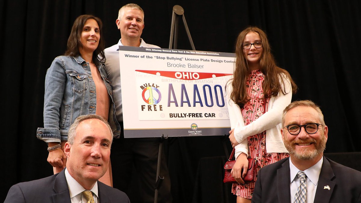 OhioAG's tweet photo. Did you know that October is Bullying Prevention Month? Early in his administration, AG Yost selected the winner of Ohio’s Stop Bullying License Plate Contest: the “Bully-Free Car” design. Have you seen this plate on the road? #StopBullying https://t.co/nh4sGFSQr5