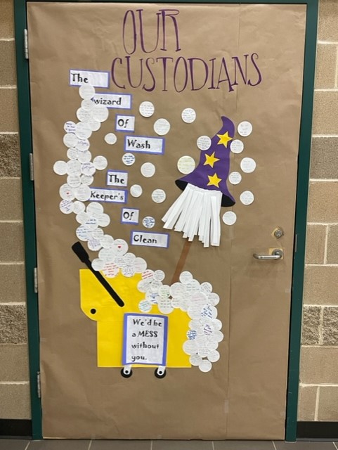 GrhsBookRoom's tweet photo. Monday, we kicked off custodian appreciation week here at GRHS. I would like to give a shout out to Coach Alicia Dutch and her group of PALS students for doing an AMAZING job on decorating the door! Please thank a custodian this week for all they do. #WeAreGR @palsgrhs https://t.co/GlypalRvSz