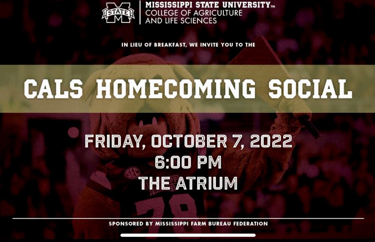 Join us for the CALS Homecoming Social on Friday, October 7!
 
Please RSVP by Wednesday, October 5 at:
cals.msstate.edu/workshops/home…