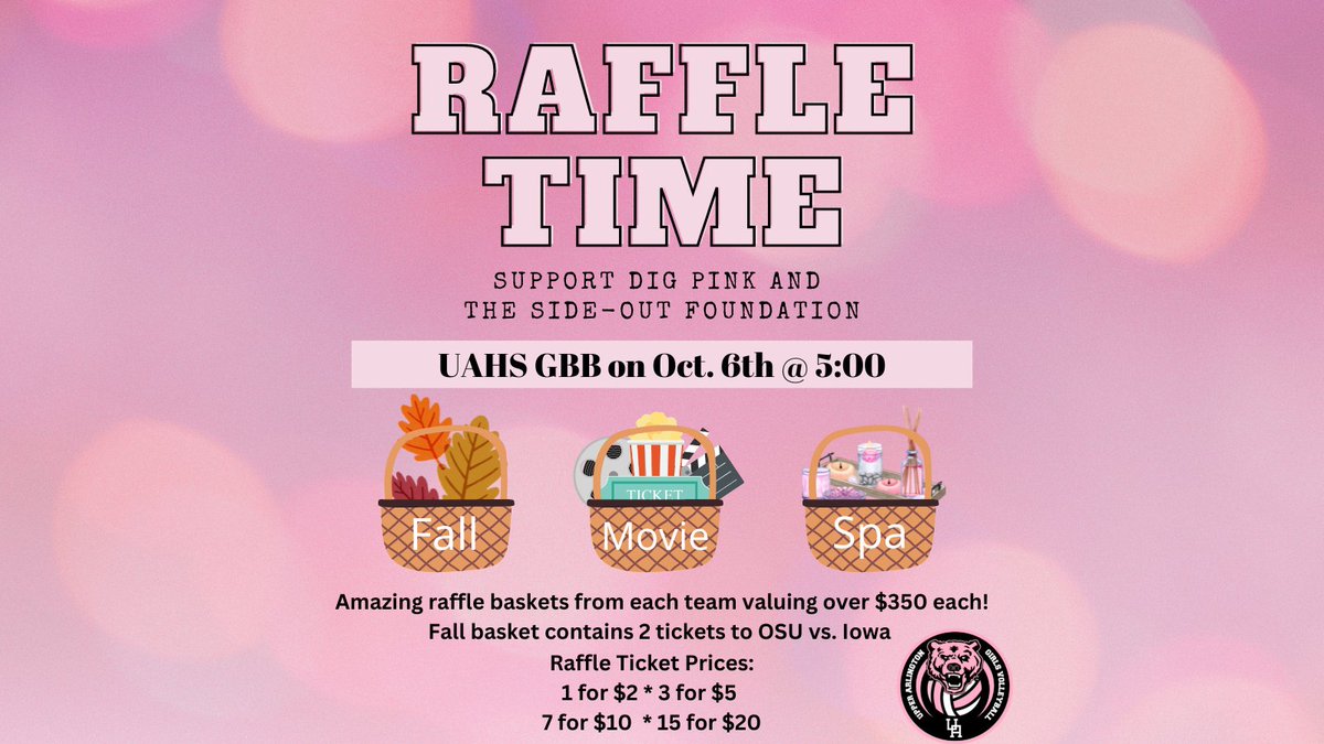 Tickets can be purchased starting at 5:00 in the GBB @ UAHS. Each basket is valued at over $350. Fall basket contains OSU vs. Iowa Football tickets. $2 ticket for OSU Football tickets- yes, please! You do not have to be present for drawing to win!