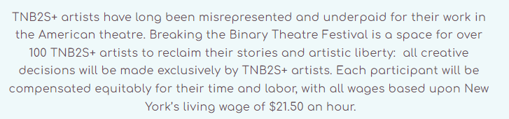 LH (@halvorsen) on Twitter photo really love <a href="/btbtfnyc/">Breaking the Binary Theatre Festival</a>'s commitment to paying participating artists living wages. if an independent theatre festival can prioritize this in their first year of existence, established larger organizations have no excuse. btb-nyc.com really love <a href="/btbtfnyc/">Breaking the Binary Theatre Festival</a>'s commitment to paying participating artists living wages. if an independent theatre festival can prioritize this in their first year of existence, established larger organizations have no excuse. btb-nyc.com