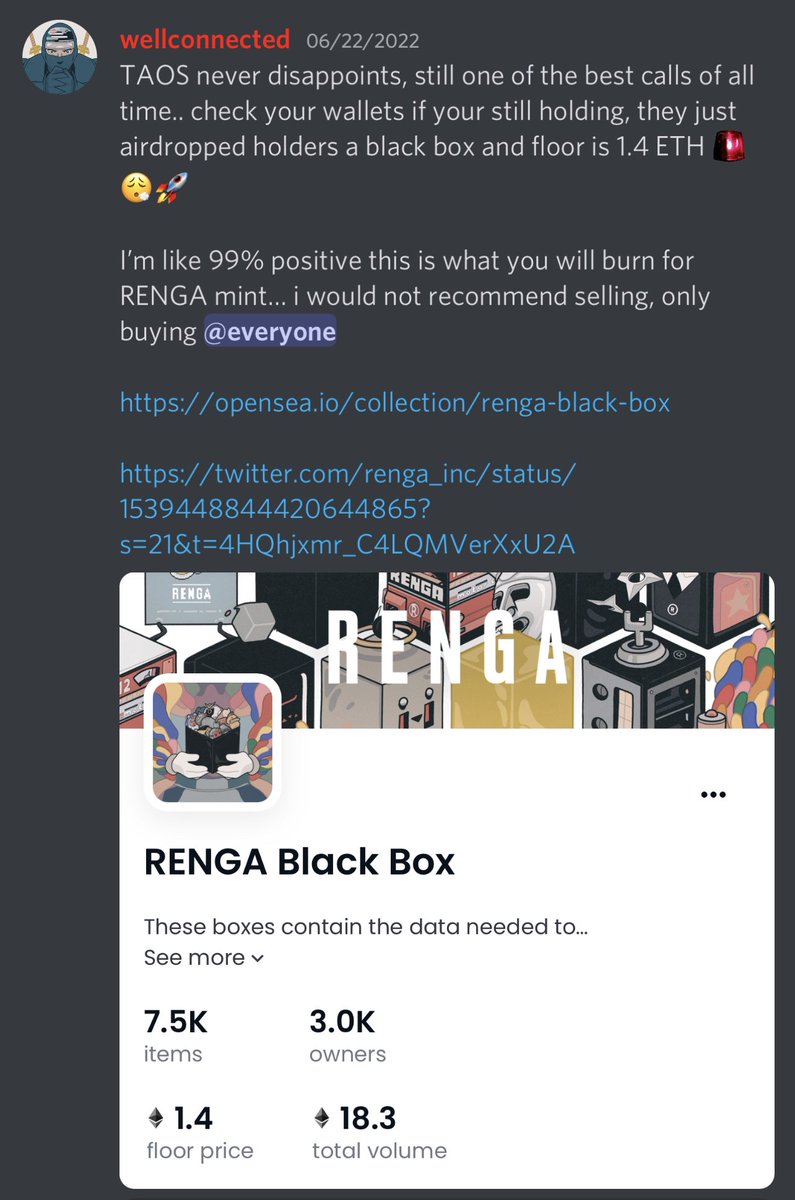 wellconnctd's tweet photo. Original mint: March ✅
Reminder: April ✅
Reminder: June ✅

And a million other pings.. @RENGA_inc has been my highest conviction alpha since day zero.. always first, never last in @shadowlabsio https://t.co/CBenynPvlh