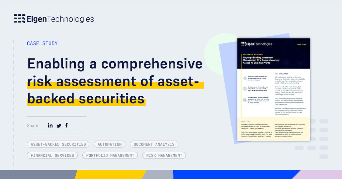 Eigen_Tech's tweet image. 📔 #ClientCaseStudy: Discover how an #InvestmentManagement firm uses #Eigen to build datasets that enable a better #RiskAssessment of their #ABS portfolio.

The firm now reacts 7x faster with 5x more data than previously and 25% more accurate.

Read more: bit.ly/3lDBGVv.