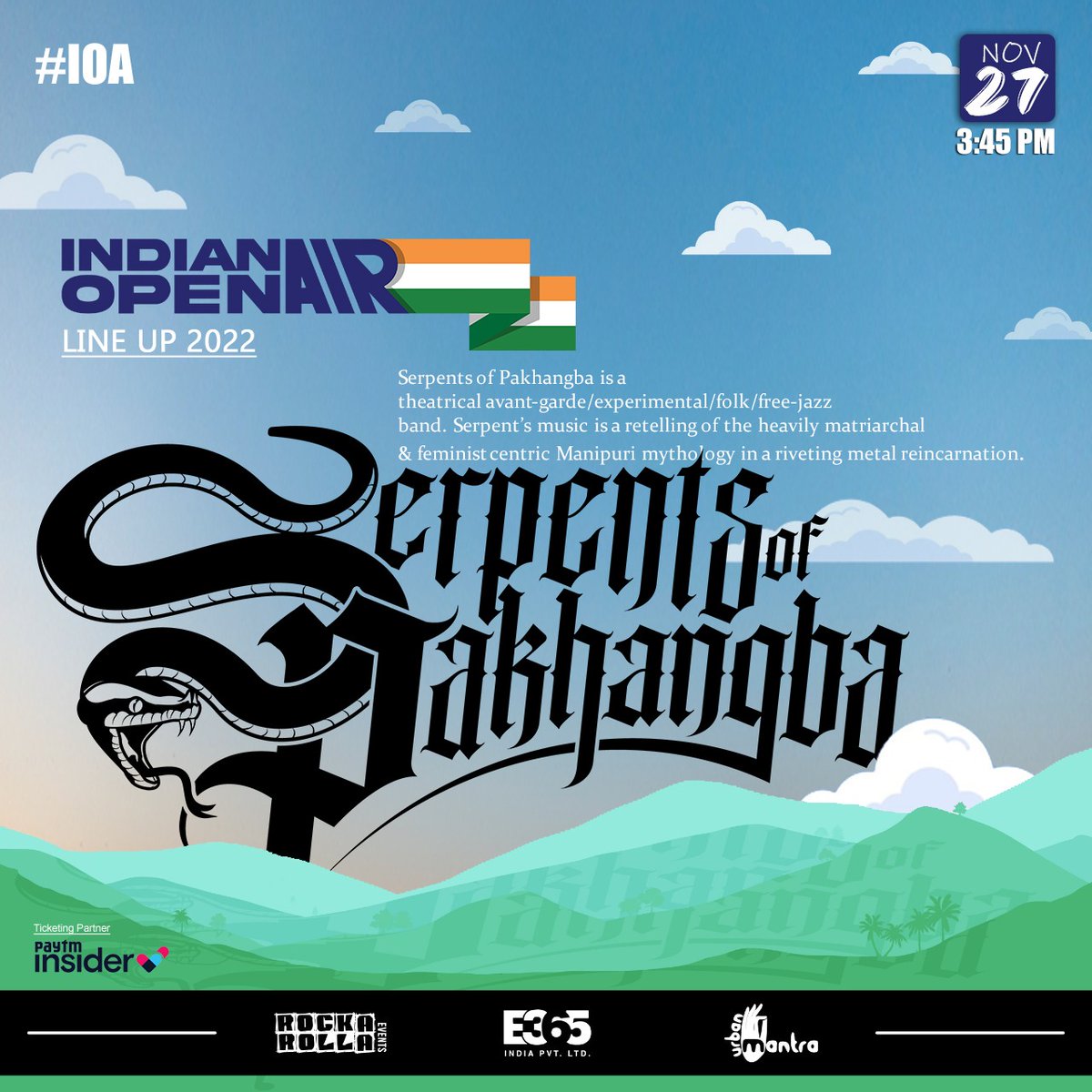 IndianOpenAir's tweet photo. Attention 📢
Get.Set.Ready for
Serpents of Pakhangba
Witness them #live as they retell the stories of feminist centric Manipuri #mythology under #openskies at
#IndianOpenAir
Nov 27 | 3:45pm IST
#IOA #WorldComesHome #IncredibleIndia #NorthEastIndia #AwesomeAssam #Guwahati #music https://t.co/13jVlneN0A
