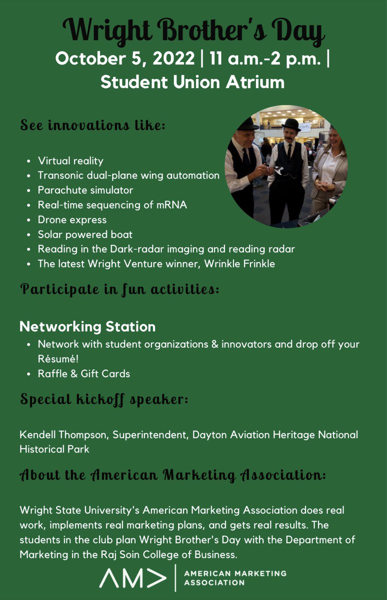 Join us tomorrow from 11-2 in the Student Union Atrium to celebrate and honor the pioneering spirit of the #wrightbrothers with featured innovations from Wright State faculty and students, as well as local organizations. See you there😁