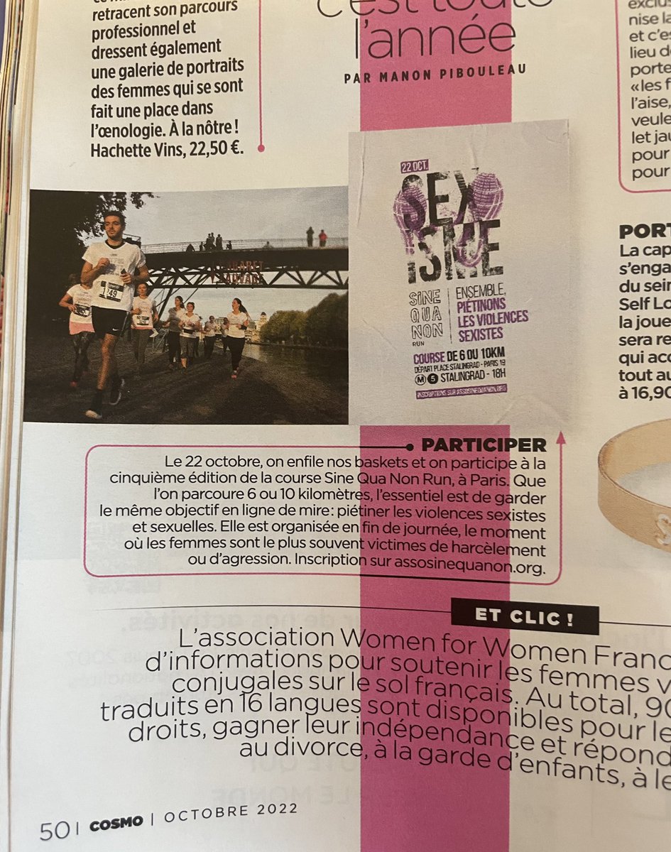 📣 Un grand merci à <a href="/Cosmopolitan_fr/">Cosmopolitan France</a> &amp; <a href="/ManonPibouleau/">Manon Pibouleau</a> pour mettre en valeur notre course la Sine Qua Non Run 💜 

Rdv le samedi 22/10 pour piétiner ensemble les violences faites aux femmes 🏃🏻‍♀️🏃🏽

Lien d’inscription 👉🏼 bitly.ws/uZrK 

#runforequality #piétinonslesexisme