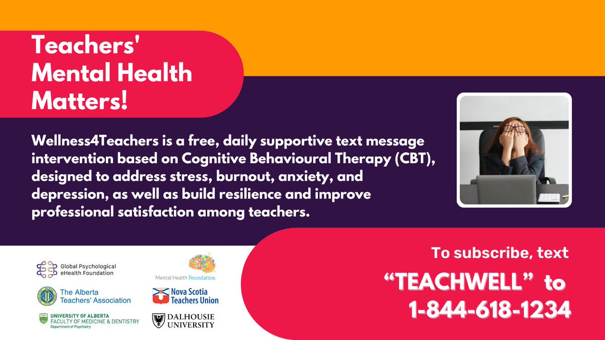 NSTeachersUnion's tweet photo. Wellness4Teachers is a free, daily supportive text message intervention based on Cognitive Behavioural Therapy (CBT), designed to address stress, burnout, anxiety &amp; depression. To subscribe, text TEACHWELL to 1-844-618-1234. https://t.co/Qy8uj7nR41