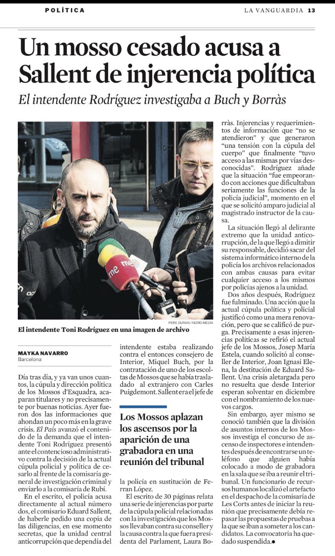 Esto que ocurre con los <a href="/mossos/">Mossos</a> es gravísimo. El intendente que llevaba la investigación de los presuntos delitos de la presidenta suspendida del <a href="/parlamentcat/">Parlament de Catalunya</a> fue enviado a una comisaría de Rubi como castigo y acusa a sus mandos de ingerencia política. <a href="/LaVanguardia/">La Vanguardia</a>