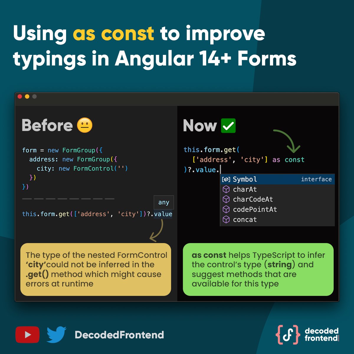 DecodedFrontend's tweet image. #FrontendSnack 17💡Check out how const assertion in #TypeScript could be used to improve the typings of your #Angular14 forms. Also...👇

💁🏼‍♂️ I publish advanced #Angular tutorials on my YouTube! Check it out bit.ly/DecodedFrontend

#AngularTip #AngularDev