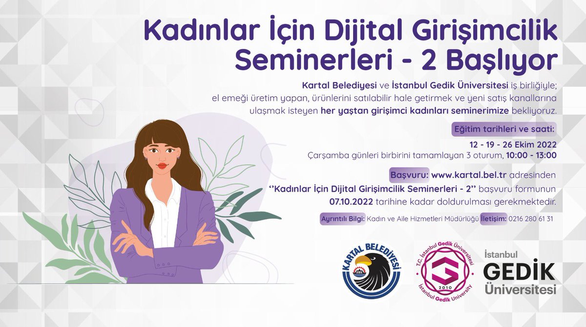 Belediyemiz ve @gedikedu iş birliğiyle gerçekleşecek olan Kadınlar İçin Dijital Girişimcilik Seminerleri programımıza her yaştan girişimci kadınları bekleriz.💼 🗓️ 07 Ekim 2022 tarihine kadar online başvuru yapabilirsiniz. 🧑‍💻 Kayıt için: bit.ly/DijitalGirisim…