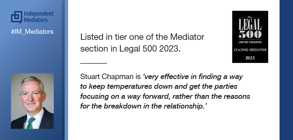 Delighted to announce that Stuart Chapman has been listed in the top tier of the mediator section in <a href="/UK_Legal500/">The Legal 500 UK</a>  published last week. #mediation #disputeresolution #onlinedisputeresolution  #mediate #l500uk2023