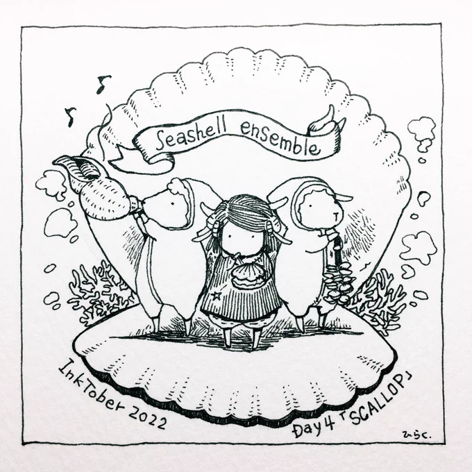 10/4: SCALLOP奏でよう!ご機嫌な音楽を!!Let's play! Happy music!! #inktober2022  #inktober2022day4  #Pavot   #ヌッフ  #ペン画 