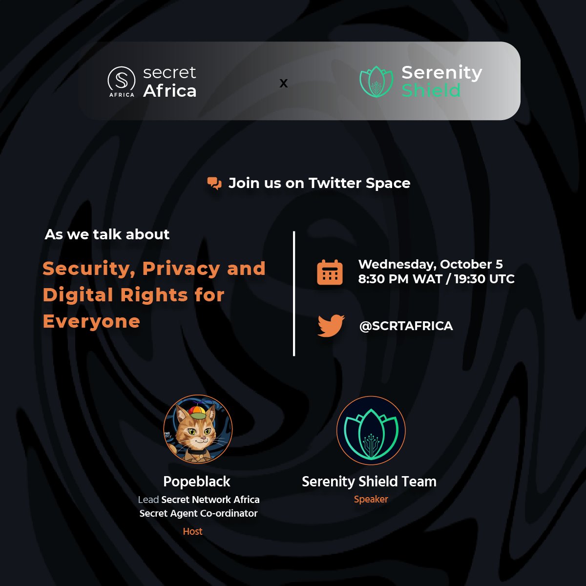 SCRTAfrica's tweet photo. Security, Privacy, and Digital Rights are important factors in the industry, in real life and #Web3.

Join us tomorrow 05th October at 7:30pm UTC /8:30pm WAT with @SerenityShield_ let's discuss which of these factors is missing.

RSVP - https://t.co/8Or2rtyV1r

$SCRT $SERSH https://t.co/bk2zqtZ5bB