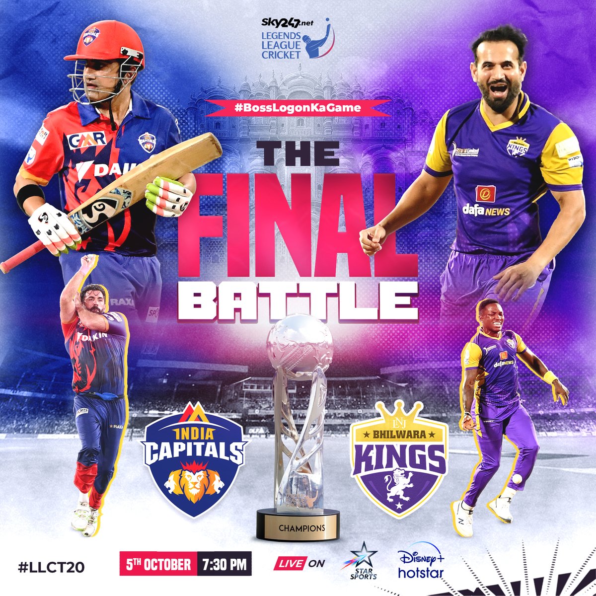 The countdown has begun! 1 day to go for the FINAL battle of #LLCT20. It’s @CapitalsIndia vs @Bhilwarakings. Which team will come out as the ultimate winner? Watch live on @StarSportsIndia/@DisneyPlusHS /@FanCode. Tickets on @bookmyshow. #BossLogonKaGame #LegendsLeagueCricket