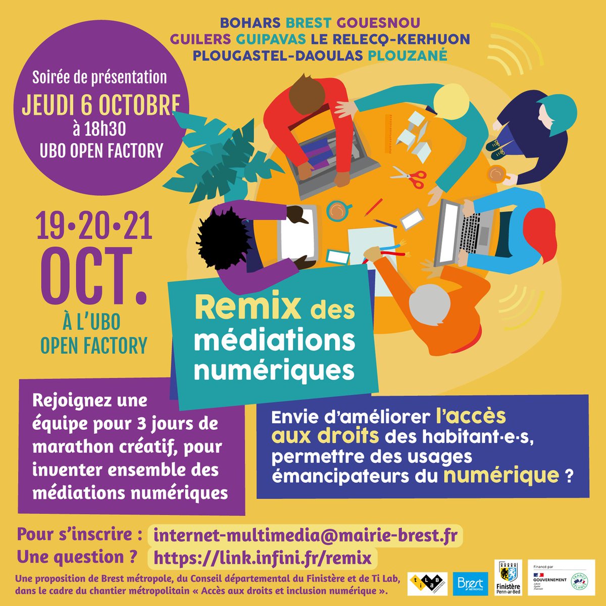 📣 Soirée de présentation du Remix des médiations numériques : jeudi 6 octobre à 18h30 @UBO_OpenFactory 

👉Remix des médiations numériques :
 🗓️ 19, 20 et 21 octobre

3 jours de marathon créatif pour inventer ensemble des médiations numériques

Infos : link.infini.fr/remix
