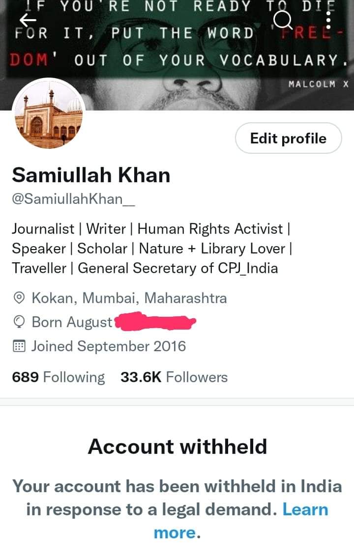 saad_cpj's tweet photo. Hello @paraga Is it a crime to raise voice for freedom of speech and human rights on Twitter?  If not, then why is Twitter India following every order of the Indian government?  @TwitterIndia should fight against these orders instead of complying with them.
#RestoreSamiullahKhan https://t.co/kfgb67HVTS