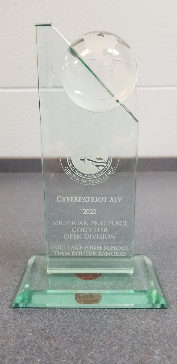 langeb75's tweet photo. CyberPatriots Whitten Smith, Zachary Pruss, not pictured, Mason Fisher and David Beckham of Team Router Rangers receive a trophy for finishing second in the State of Michigan within the Gold Division!  Join Cybersecurity to compete in real world challenges! @glbluedevils #glcshs https://t.co/UNdRp6R4gN