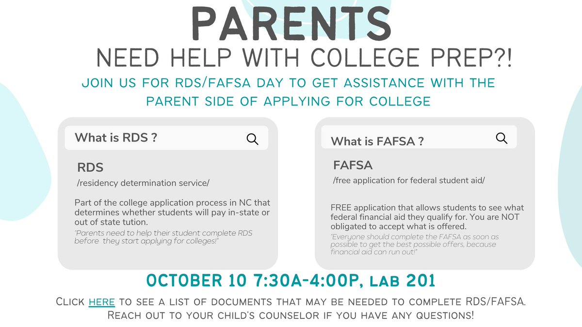 Oct 10-get help completing the RDS/FAFSA portion of the college application process! Click to see what info you'll need to bring complete the process--->    ncresidency.cfnc.org/residencyInfo/… <a href="/WjhsNc/">West Johnston High School</a>