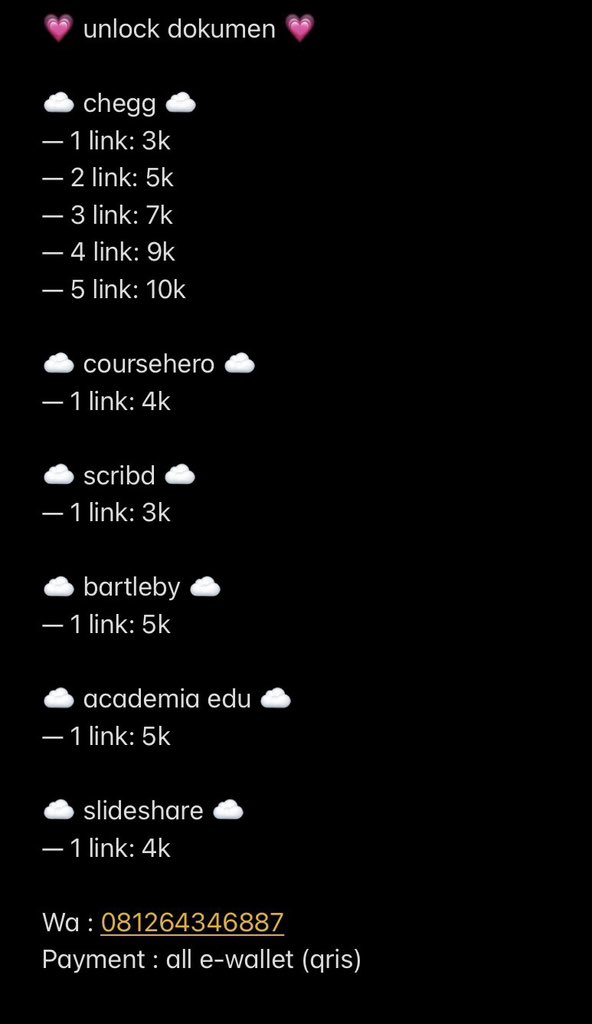 Jasa Unlock / unblur / buka / jawaban dokumen UAS UTS

CHEGG
COURSEHERO
BARTLEBY
SCRIBD 
ACADEMIA EDU

500+ TESTI

Order (fast resp) wa.me/+6281264346887 

Channel telegram : t.me/unlockdocument

#zonauang #zonaba #jokitugas #jawabanuas