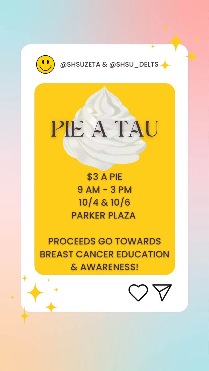 This week we’re teaming up with <a href="/SHSU_DELTS/">Delta Tau Delta SHSU</a>! Come out and Pie A Tau today &amp; Thursday in the Parker Plaza 💓