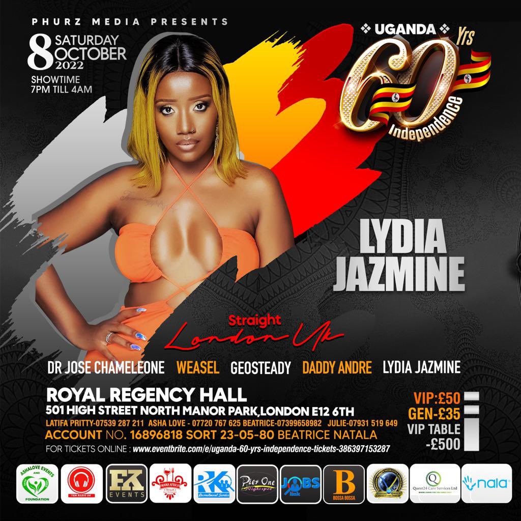 LydiahJazmine's tweet photo. My People in the UK 🇬🇧 I’m with you this Independence Weekend alongside some of your other favs 🥰 💃🏾
It’s goin down at the #RoyalRegency 🙌🏾 on SATURDAY #8th ✍🏾 Come let’s celebrate our motherland 🇺🇬 at 60 🙏🏽 Cnt wait to see y’all again 😍 more details on poster 👆🏾😘 https://t.co/3kriLFdcs8