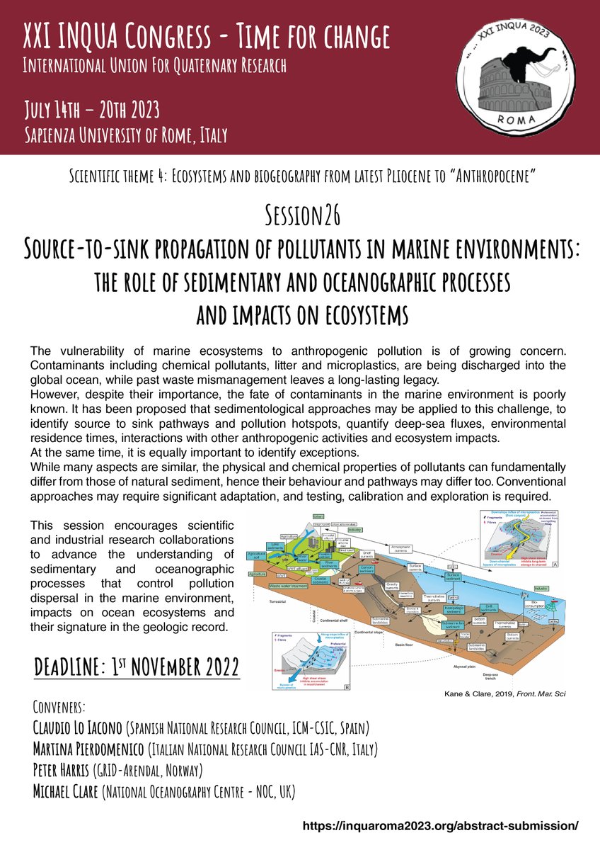 Martina Pierdomenico (@martinapierdom3) on Twitter photo Are you thinking about joining us for the XXI INQUA Congress, which will take place in Rome on 14-20 July?
Please consider to submit an abstract to our session on source-to-sink propagation of pollutant in marine environment
#INQUARoma2023 <a href="/MikeAClare/">Mike Clare</a> <a href="/PeterHarrisGRID/">Peter T. Harris</a> Are you thinking about joining us for the XXI INQUA Congress, which will take place in Rome on 14-20 July?
Please consider to submit an abstract to our session on source-to-sink propagation of pollutant in marine environment
#INQUARoma2023 <a href="/MikeAClare/">Mike Clare</a> <a href="/PeterHarrisGRID/">Peter T. Harris</a>