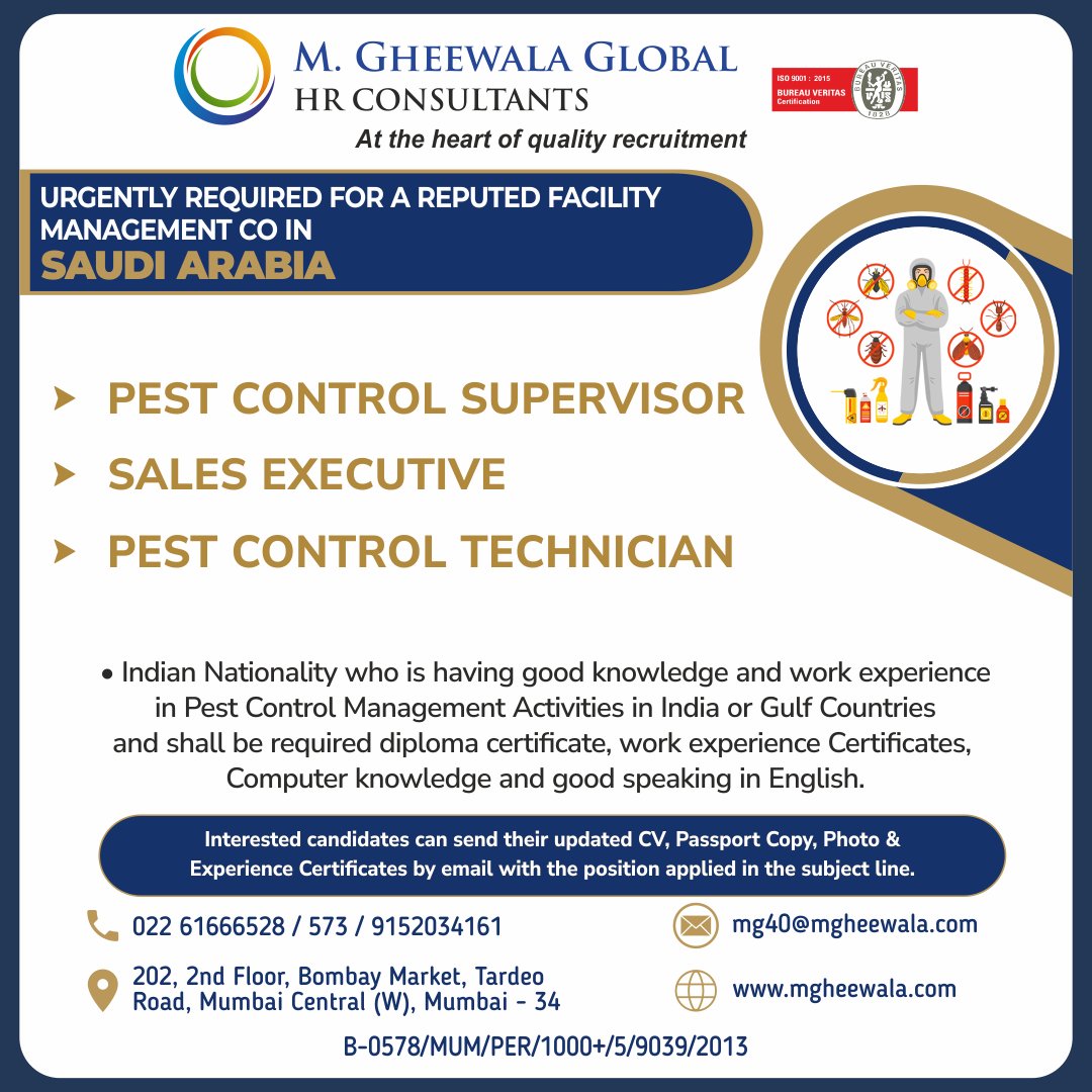 mgheewala_hrc's tweet photo. Job Vacancies for #SaudiArabia

Interested Candidates can send the updated resume to mg40@mgheewala.com

Learn More https://t.co/Ps4bxv2mB1

#saudijobs #manpower #pestcontrolsupervisor #salesexecutive #facilitymanagement #pestcontrolmanagement #goodenglishspeaking https://t.co/Jo1hUw23Md