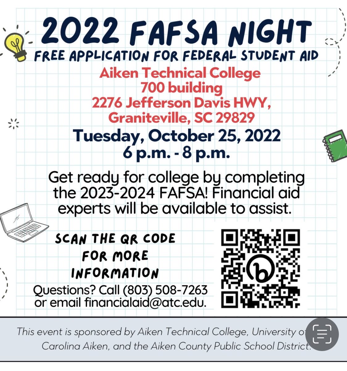 The #FAFSA is now open for 23-24. ⁦<a href="/USCAiken/">USC Aiken</a>⁩ is excited to partner w/colleagues from ⁦<a href="/Aiken_T_College/">Aiken Technical College</a>⁩ &amp; ⁦⁦<a href="/AikenPublicSch/">AikenCoPublicSchools</a>⁩ in three weeks for “FAFSA Night” at ATC. Come get help from financial aid professionals filling out the form! 💵 💰 😁
