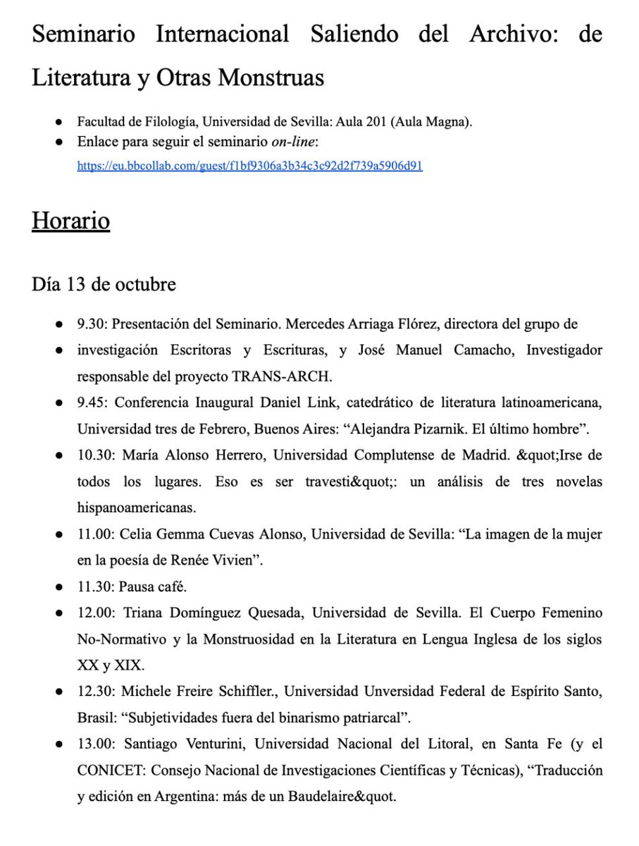 EscritorasE's tweet photo. Para todos los que os habéis interesado por asistir al Seminario Internacional "Saliendo del Archivo: de Literatura y Otras Monstruas" los días 13 y 14 de octubre en la @FFilologiaUS , aquí os dejamos el programa.
📍 Aula 201 (Aula Magna)
También se podrá seguir online. https://t.co/VA3qgkWAp4