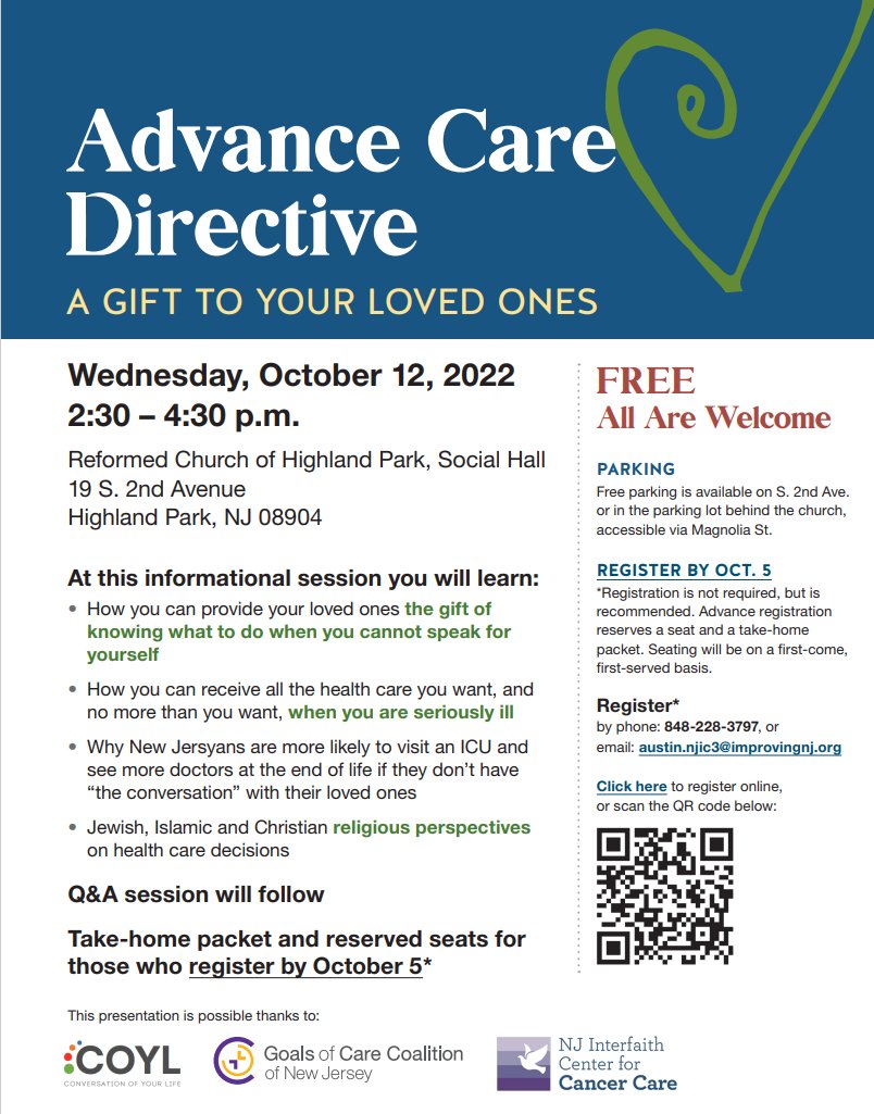 On 10/12 @ 2:30 pm, please join #NJIC3 <a href="/NJHCQI/">NJHCQI</a> #COYL &amp; #GOCCNJ for an in-person event to learn why #ACP is one of the most important gifts you can give your loved ones. Program will be held at the RCHP &amp; is free and open to the public. Please register: forms.gle/DBzmCm2shyFLcC…