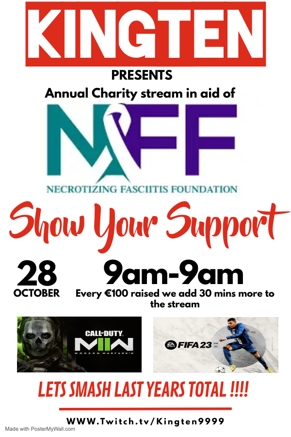 kingten9999's tweet photo. Its OFFICIAL .... Annual Charity Stream is BACK

Confirmed for October 28th 

Lets raise funds / awareness and as much money as we can for something thats very close to me...@NecFascFound 

More details to follow... Lets smash it !!!!

#Fundraiser #NecrotizingFasciitis #Retweet https://t.co/zCV5gXJOip
