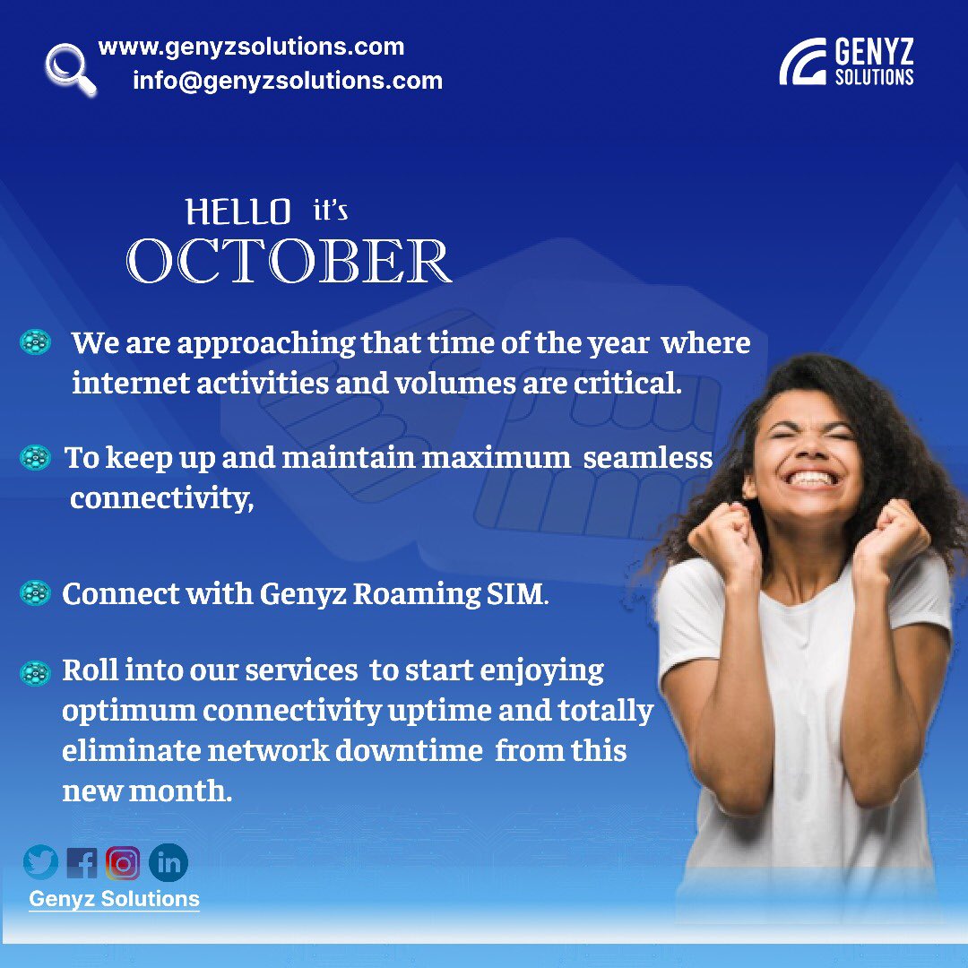 GenyzT's tweet photo. Happy New Month!
Welcome to October. We trust that September was productive for you.
We are bringing you the best of connectivity for your businesses this new month.
#newmonth #october #genyzsolutions #roamingsim #iot #connectivity #tech https://t.co/SQ2J99mH7D