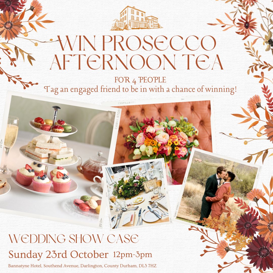 COMPETITION TIME DUE TO OUR UPCOMING WEDDING SHOWACASE💍🥂

WIN PROSECCO AFTERNOON TEA FOR 4 PEOPLE.

TAG AN ENGAGED FRIEND TO BE IN THE CHANCE OF WINNING.

bannatyne.co.uk/darlington-hot…