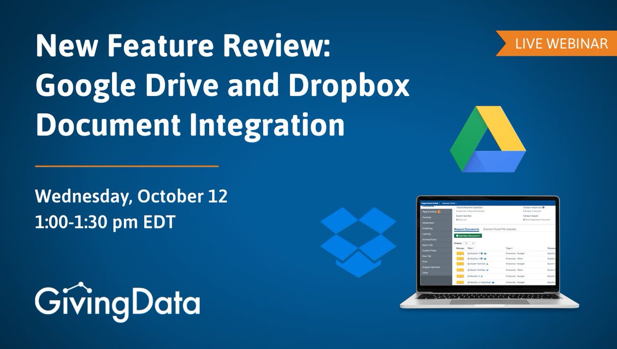 We’re excited to announce that Google Drive and Dropbox integration will be added to #GivingData this month. Join us October 12th for a live demonstration of how this will simplify your document management. Register today: hubs.ly/Q01nJyp60
