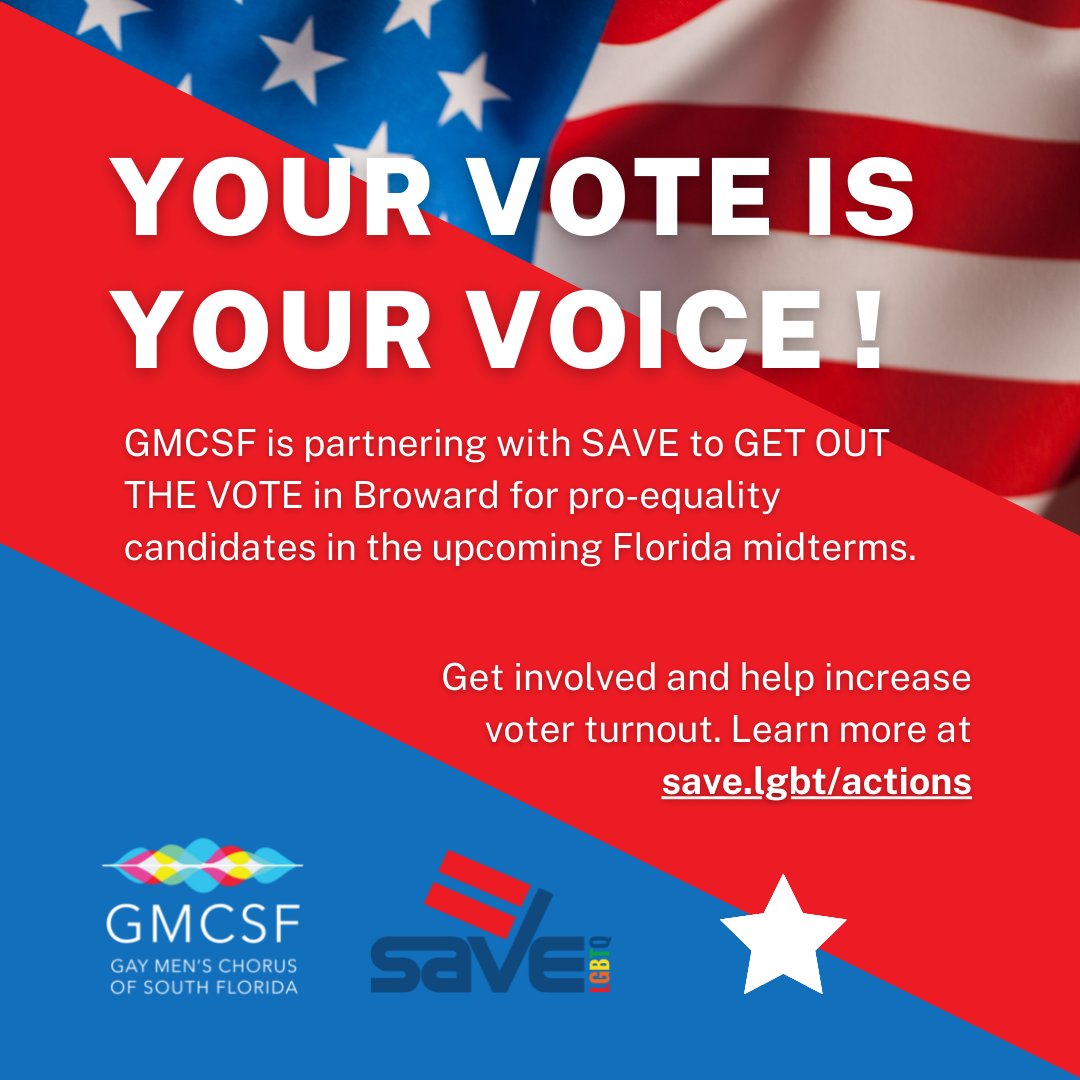gmcsflorida's tweet photo. GMCSF is partnering with @SAVELGBT to Get Out The Vote in Broward County for pro-equality candidates in the upcoming Florida midterms. https://t.co/7aBoP0XoJQ #nonprofit #lgbtqmusic #gaymenschorus #southflorida #gaychorus #gmcsf #wesinggay #savelgbt https://t.co/hGqfZXJaKm