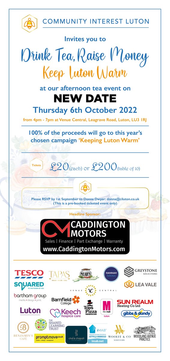 CILuton's tweet photo. We have 20 tickets available for the Afternoon Tea Event supporting the Keeping Luton Warm Campaign for this Thursday 6th October. 

If you would like to book tickets please email donna@ciluton.co.uk

This is a ticket ONLY event. 

#KeepingLutonWarm  #ComingTogetherForGoodCauses https://t.co/9zBbKIQLff