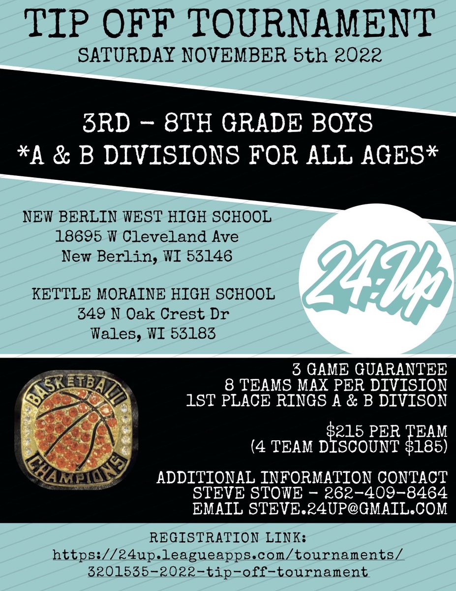 24UP_Events's tweet photo. A month a way!! Sign up!!

Compete for Championship💍💍💍

Every athlete gets a tourney shirt👕👕

https://t.co/UHabTMN6KE
@CedarburgHoops @WilmotBoysBball @IKEBoysHoops @PWBoysBBall @WaukWestHoops @sha_hoops @NorthstarBBall @GreyhoundsMBB @MenashaHoops https://t.co/GBuEJNYmSp