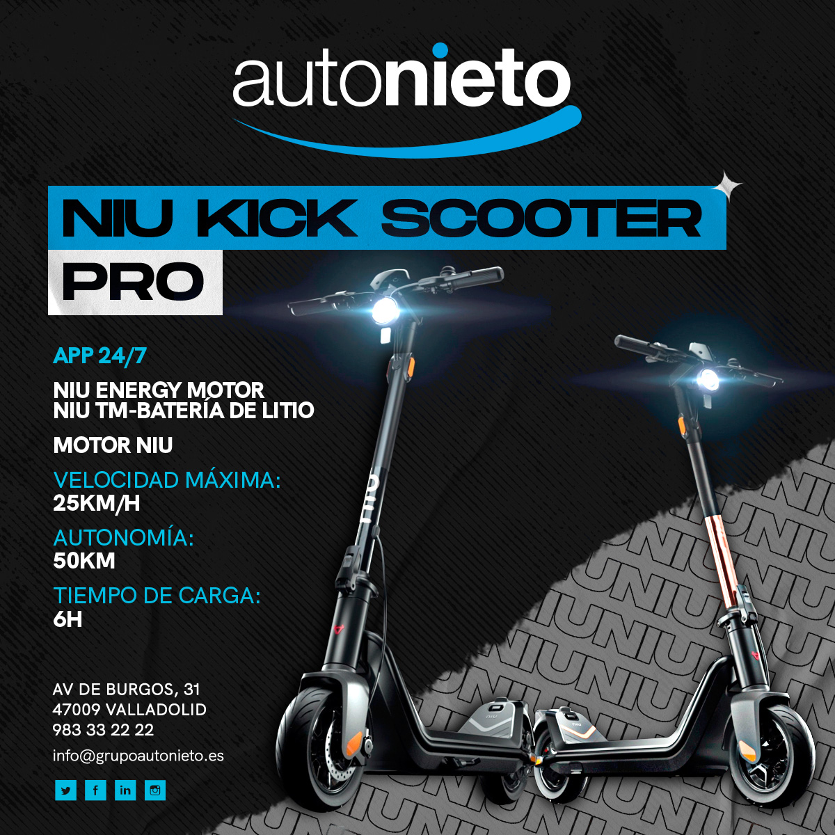 GAutonieto's tweet photo. 🔵 PROMOCIÓN AUTONIETO 🔵

¡Ya están aquí los nuevos Patinetes NIU!
Ven a probarlos a Autonieto 🛴

#PatinetesValladolid #PatinetesNIU #NIUmobility #Autonieto https://t.co/aWQU0E3Eu4