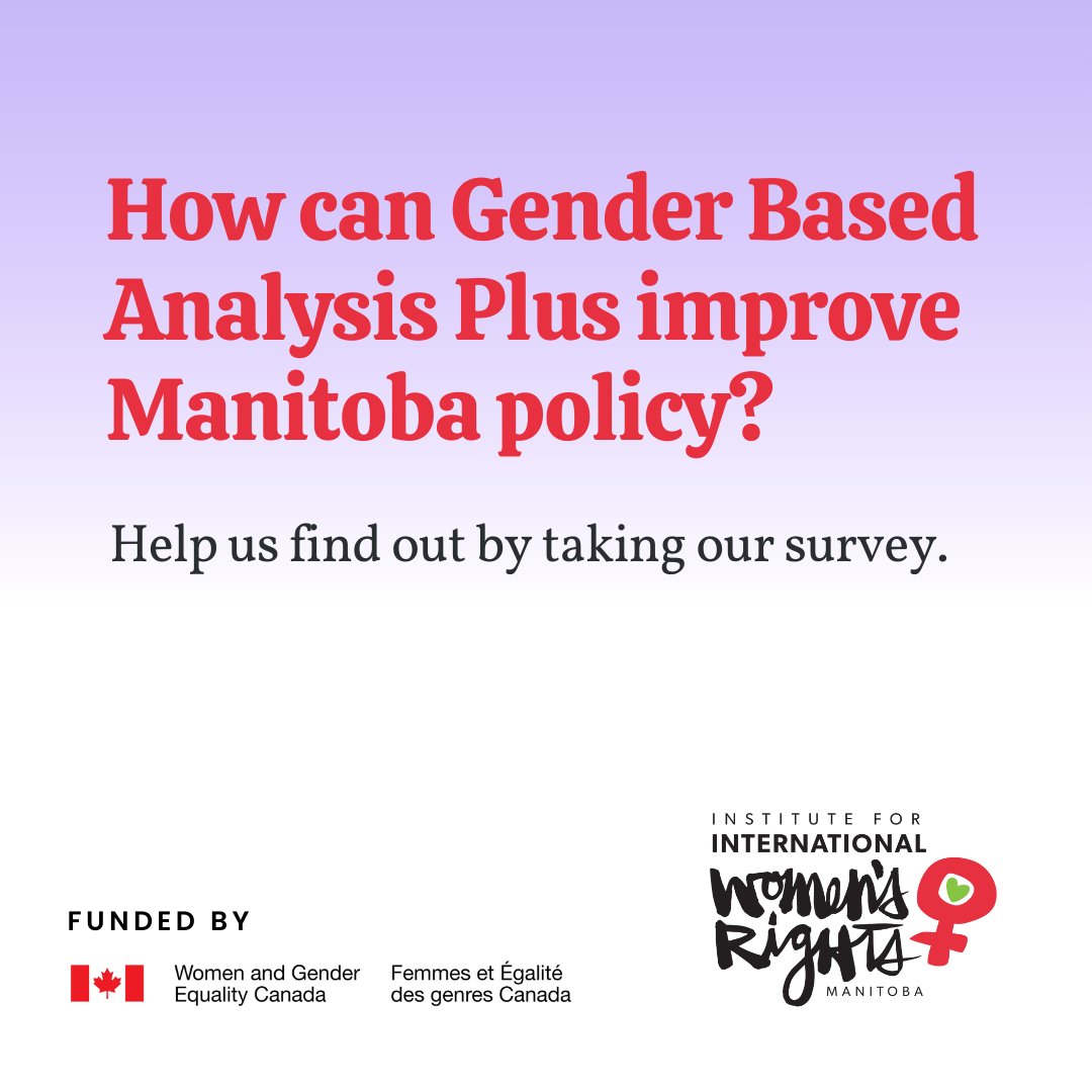 Help us discover how Gender Based Analysis Plus can help improve policy in Manitoba by taking our survey. 

Take the survey: surveymonkey.com/r/gba-plus-mb

#manitoba #winnipeg #wpgnow #wpg #ywg #204