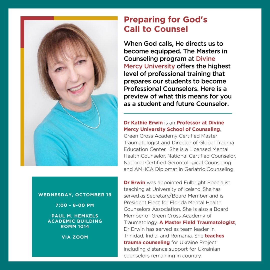 Preparing for God's Call to Counsel

Join Dr. Kathie Erwin on Wednesday, October 19 at the Fall Graduate Fair and Faculty Presentation presented by Ave Marie University. 

#DMU #AveMariaUniversity #mastersdegree #counselingstudent #psychologystudent