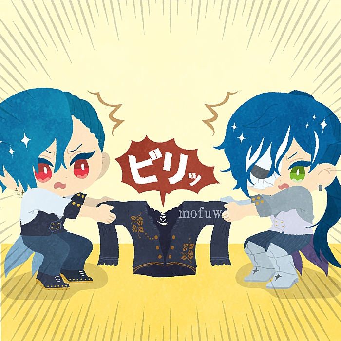 blue hair eyepatch pointy ears red eyes chibi earrings ponytail  illustration images