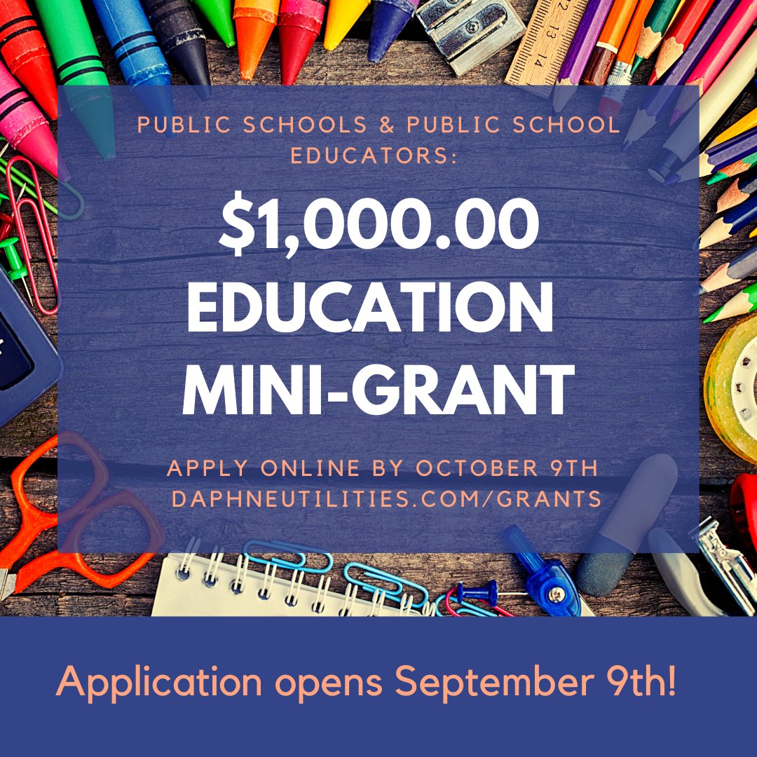 DaphneUtilities's tweet photo. π£ TEACHERS!! This is the last week we are accepting applications for grants!
π» Visit our website at https://t.co/NGiXaIEq5m to apply today!
π Application will close October 9th!
#daphneutilities #granttime #daphnealabama #weloveteachers https://t.co/A3RdKVZrcR