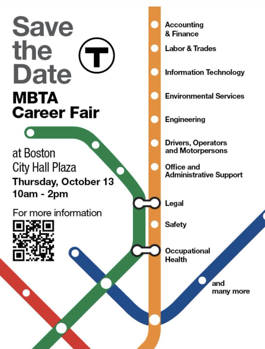 Ruthzee's tweet photo. On Thursday October 13th, @MBTA will be hosting an Employment Fair from 10am-2pm, where representatives from various departments will be onsite to answer questions regarding career opportunities and paths for growth.

They will be hiring across all levels (entry, mid, executive) https://t.co/Lx8X1FaFpu