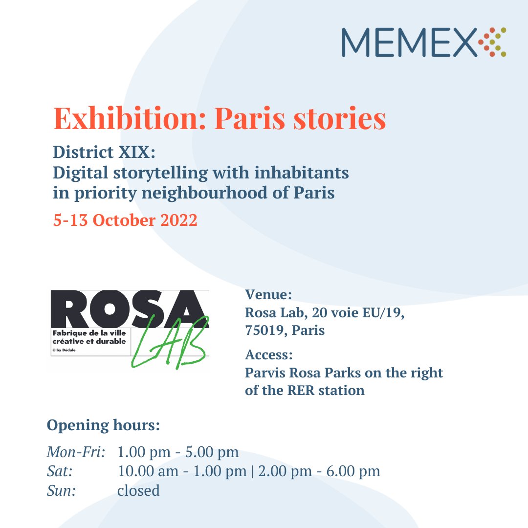 MemexProject's tweet image. ➡️📚Ready to start! 
The #MEMEXParisStories exhibition will open at tomorrow 5pm at Rosa Lab Paris!
The exhibition focuses on the stories of inhabitants of the Rosa Parks Area created in the Paris Pilot of our project! On view until Oct. 13!
#MEMEXProject #EUProject